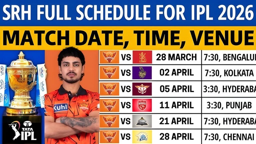 SRH Full Schedule for TATA IPL 2026
